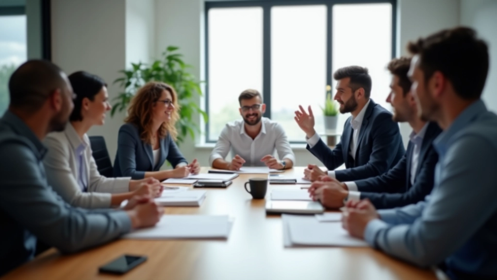 Corporate meeting room with diverse team discussing training procedures