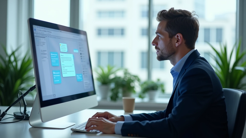 HR professional reviewing chatbot configuration settings on computer monitor with flowchart diagrams visible