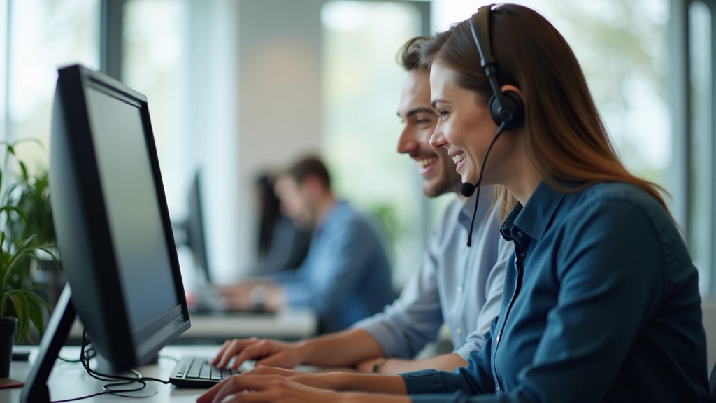 Support technician helping employee at computer workstation in modern office environment