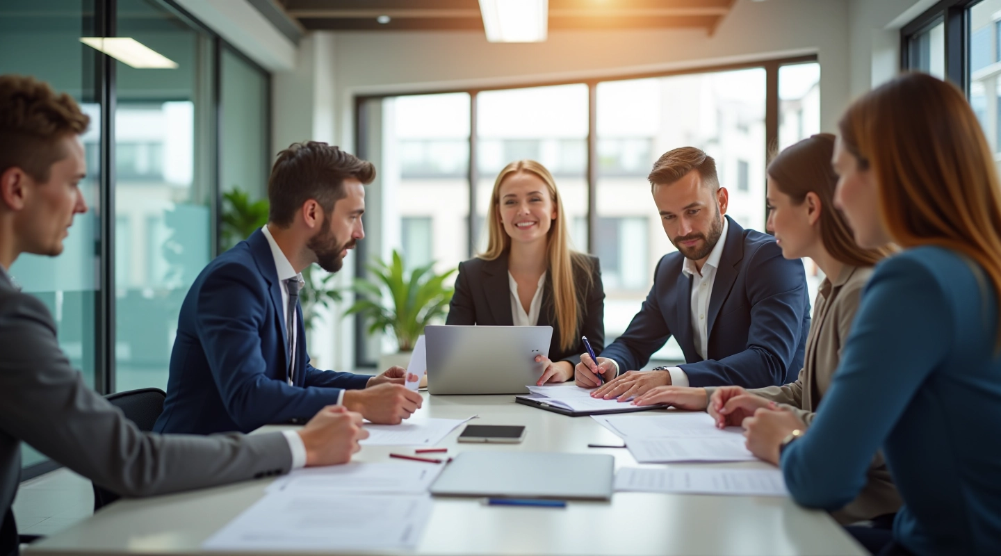 Team collaboration in modern office space