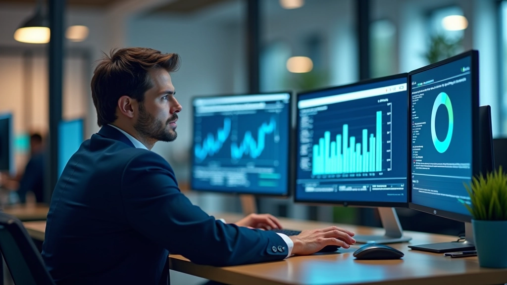 Professional sitting at desk with dual monitors showing analytics dashboard